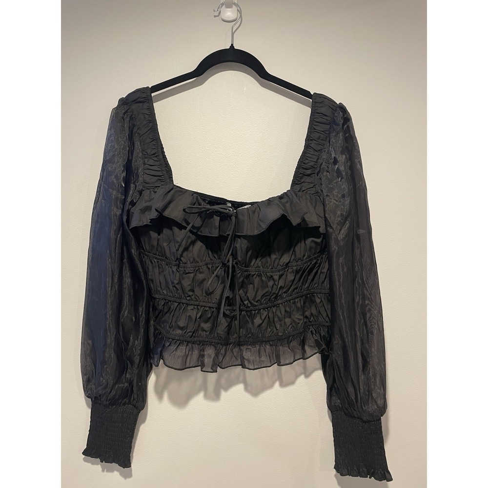 Petal & Pup Women's Vespera Smocked Top L Black Long Sleeve Crop Mythicalgoth